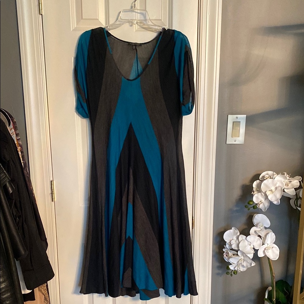 Blue and Black A-line Maxi Dress with Puff Sleeves for Casual Work